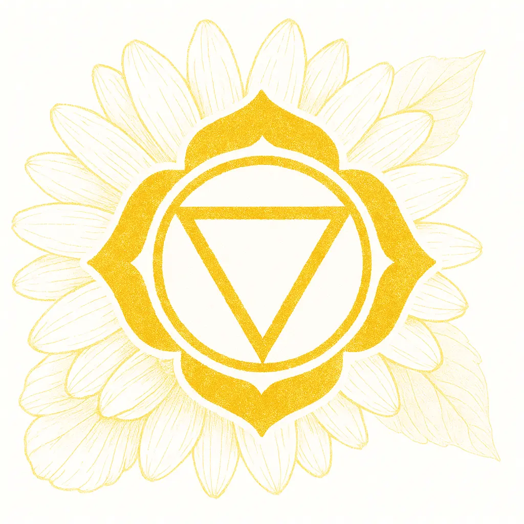 Yellow Solar Plexus Chakra symbol set against a sunflower, expressing personal power and confidence.